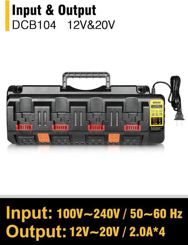 Alt view image 2 of 7 - DCB104 20V MAX Battery Charger Replacement for Dewalt Battery Charger, 4 Port Multi Charger Station with 2 USB Ports, Compatible with Dewalt 12V-20V BatteriesBlack