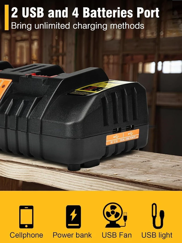 Alt view image 5 of 7 - DCB104 20V MAX Battery Charger Replacement for Dewalt Battery Charger, 4 Port Multi Charger Station with 2 USB Ports, Compatible with Dewalt 12V-20V BatteriesBlack