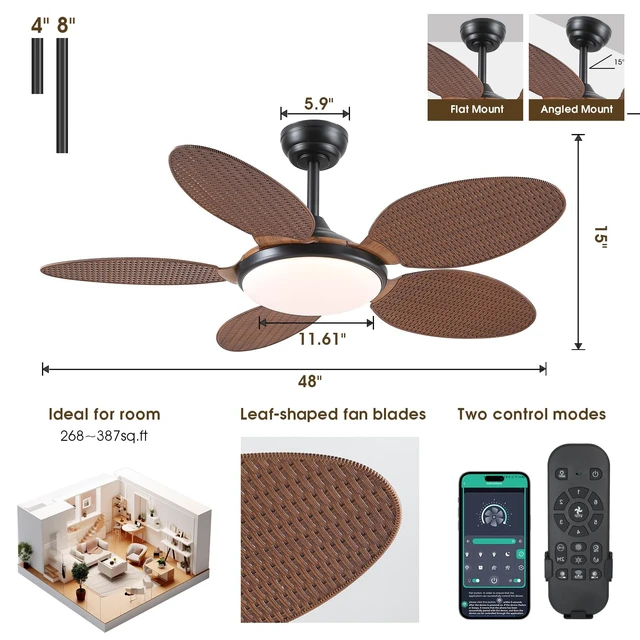 Alt view image 2 of 7 - 48"Tropical Style Palm Leaf Ceiling Fans with LED Lights and Remote & APP Supports Remote and APP, 6 Wind Speeds, Reversible, Dimmable 3CCT LED, 35W Quiet DC Motor,Suits for Bedroom Kitchen