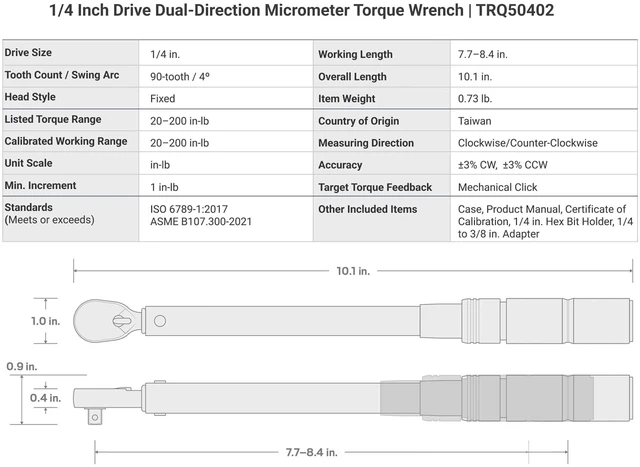 Alt view image 7 of 7 - 1/4 Inch Drive Micrometer Torque Wrench | TRQ50402 (20 - 200 in-lb), Dual-Direction, Certificate of Calibration