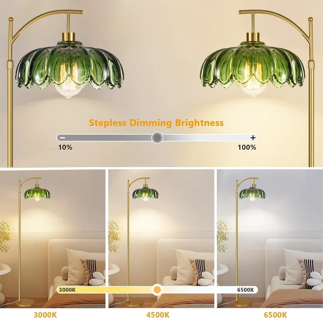 Alt view image 2 of 7 - Gold Floor Lamp for Living Room,Bedroom,Mid Century Modern Standing Lamp with Remote,Dimmable Brass Tall Lamp Green Glass Lamp Vintage Retro Arc Floor Lamps Flower Floor Light Boho Bohemian