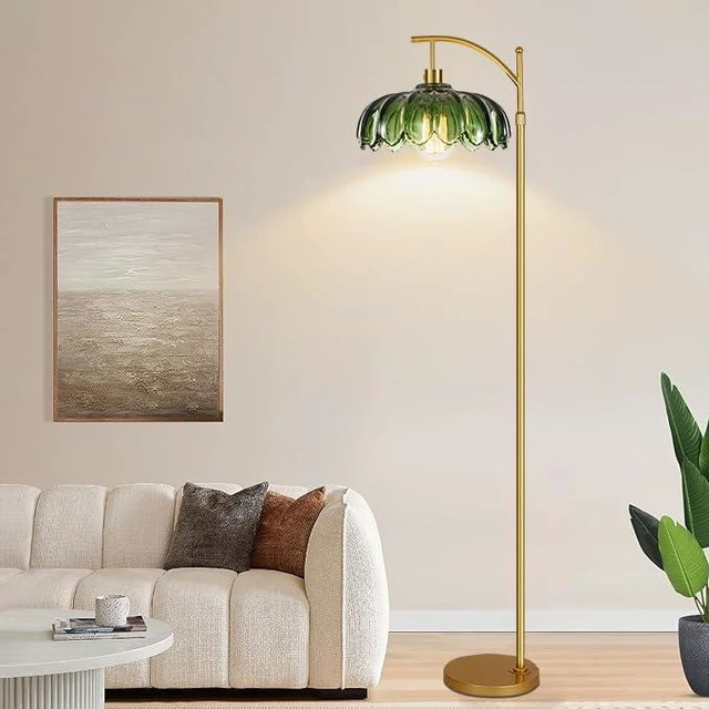 Alt view image 3 of 7 - Gold Floor Lamps for Living Room,Glass Floor Lamp with Remote Control & Green Lampshade,Arc Flower Lamp Dimmable Mid Century Modern Standing Lamp Vintage Brass Tall Floor Lamp For Bedroom Corner