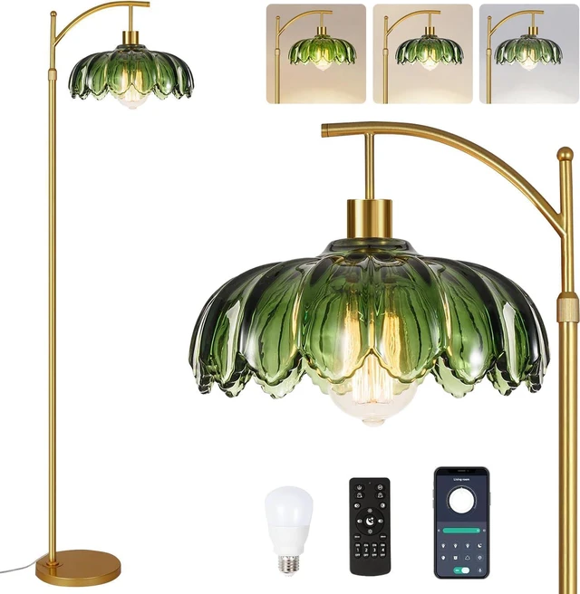 Main image of Gold Floor Lamps for Living Room,Glass Floor Lamp with Remote Control & Green Lampshade,Arc Flower Lamp Dimmable Mid Century Modern Standing Lamp Vintage Brass Tall Floor Lamp For Bedroom Corner