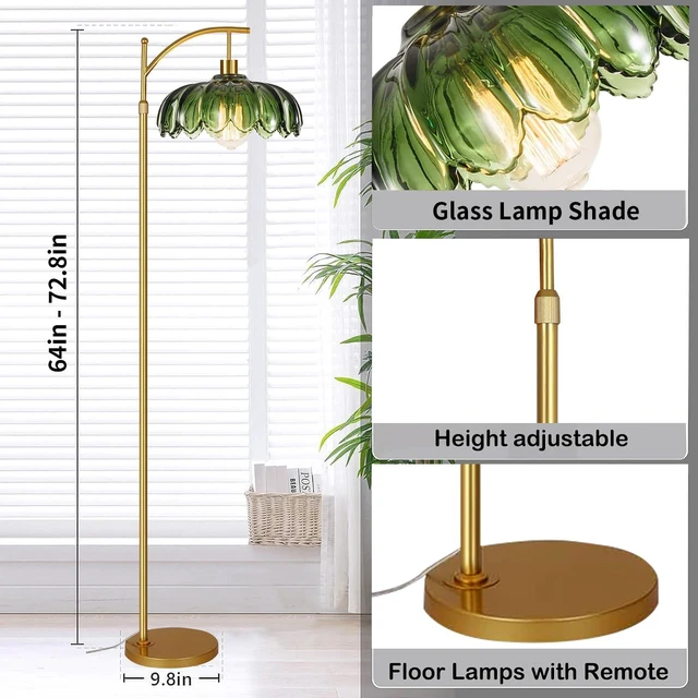 Alt view image 5 of 7 - Gold Floor Lamps for Living Room,Glass Floor Lamp with Remote Control & Green Lampshade,Arc Flower Lamp Dimmable Mid Century Modern Standing Lamp Vintage Brass Tall Floor Lamp For Bedroom Corner