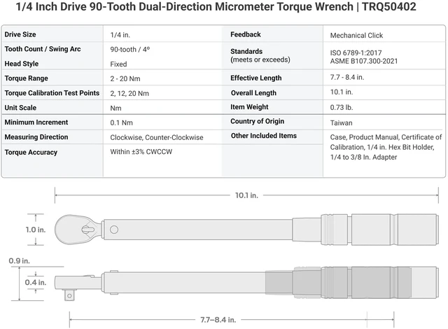 Alt view image 7 of 7 - 1/4 Inch Drive 90-Tooth Dual-Direction Micrometer Torque Wrench with Case (2-20 Nm) | TRQ50502