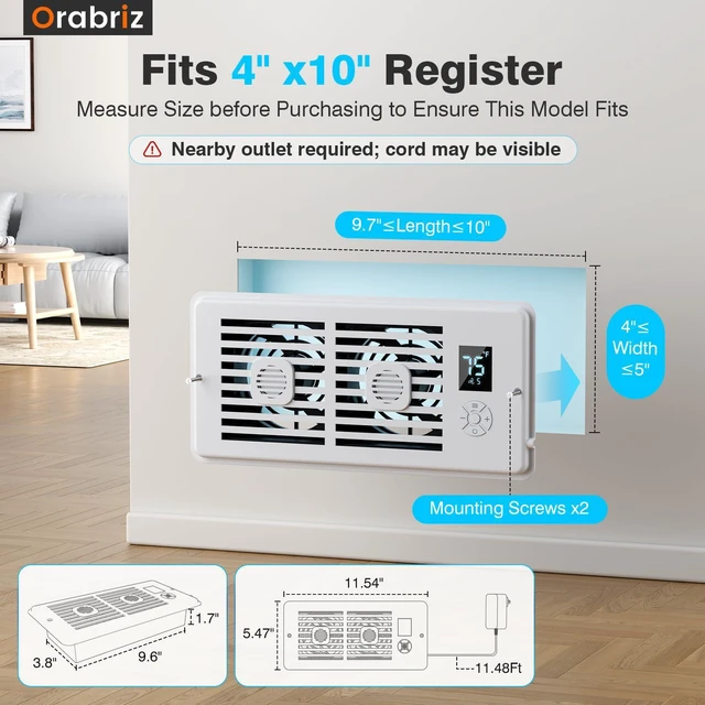 Alt view image 2 of 6 - AC Vent Booster Fan 4" x 10" Register, Improves Room Airflow, 2Pack Quiet 10-Speed Air Booster with Thermostat Control, Remote & LCD Display, Aroma Pad Slot