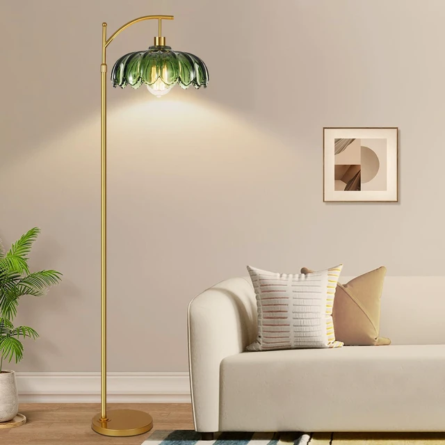 Alt view image 6 of 7 - Gold Floor Lamps for Living Room,Glass Floor Lamp with Remote Control & Green Lampshade,Arc Flower Lamp Dimmable Mid Century Modern Standing Lamp Vintage Brass Tall Floor Lamp For Bedroom Corner