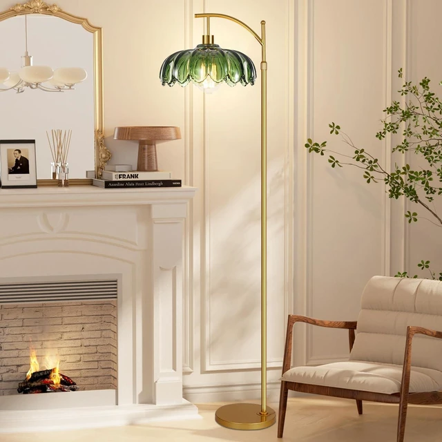 Alt view image 7 of 7 - Gold Floor Lamps for Living Room,Glass Floor Lamp with Remote Control & Green Lampshade,Arc Flower Lamp Dimmable Mid Century Modern Standing Lamp Vintage Brass Tall Floor Lamp For Bedroom Corner