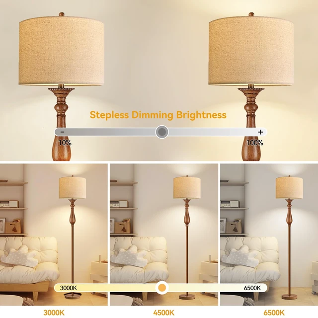 Alt view image 2 of 7 - Wood Floor Lamps for Living Room Farmhouse Boho Floor Lamp with Remote Control & 3 Color Temperature,Dimmable Vintage Floor Lamp Mid Century Modern Standing Lamp Pole Tall Floor Lamp Bedroom Corner