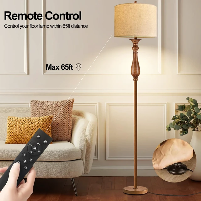 Alt view image 4 of 7 - Wood Floor Lamps for Living Room Farmhouse Boho Floor Lamp with Remote Control & 3 Color Temperature,Dimmable Vintage Floor Lamp Mid Century Modern Standing Lamp Pole Tall Floor Lamp Bedroom Corner