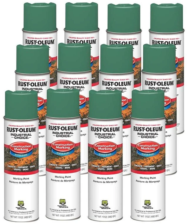 Main image of Construction Marking Spray Paint, Water-Based, Safety Green M1400 System, 17oz. Construction & survey marking; fast-dry inverted spray for pavement, soil, turf & utilities. Pack of 12
