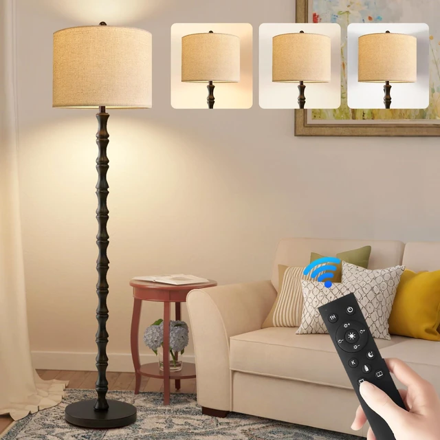 Main image of Wood Floor Lamps for Living Room Rattan Floor Lamp with Remote Control& 3 Color Temperature,Dimmable Rustic Floor Lamp Black Mid Century Modern Standing Lamp Tall Farmhouse Floor Lamp For Bedroom