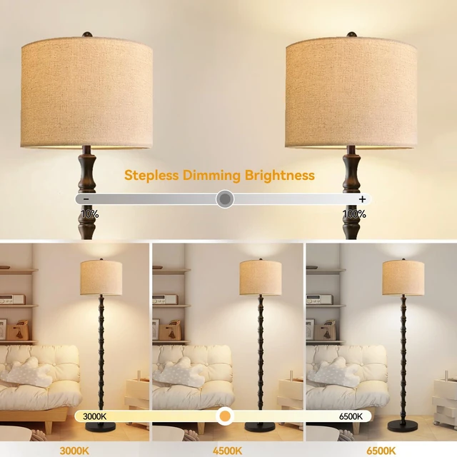 Alt view image 2 of 7 - Wood Floor Lamps for Living Room Rattan Floor Lamp with Remote Control& 3 Color Temperature,Dimmable Rustic Floor Lamp Black Mid Century Modern Standing Lamp Tall Farmhouse Floor Lamp For Bedroom