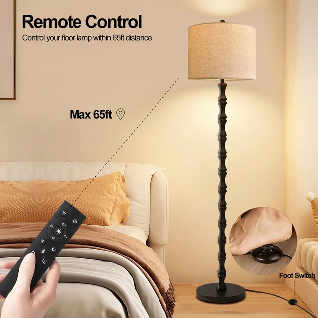 Alt view image 4 of 7 - Wood Floor Lamps for Living Room Rattan Floor Lamp with Remote Control& 3 Color Temperature,Dimmable Rustic Floor Lamp Black Mid Century Modern Standing Lamp Tall Farmhouse Floor Lamp For Bedroom