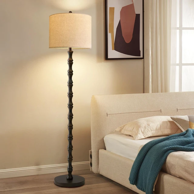 Alt view image 3 of 7 - Wood Floor Lamps for Living Room Rattan Floor Lamp with Remote Control& 3 Color Temperature,Dimmable Rustic Floor Lamp Black Mid Century Modern Standing Lamp Tall Farmhouse Floor Lamp For Bedroom