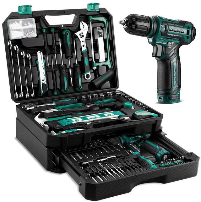 Main image of Tool Set: Tool Kit with 12V Cordless Drill, Hand Toolbox with storage case, Mechanic Tool set for Home Repairs, Green