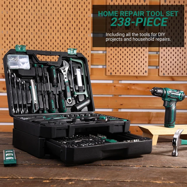 Alt view image 2 of 6 - Tool Set: Tool Kit with 12V Cordless Drill, Hand Toolbox with storage case, Mechanic Tool set for Home Repairs, Green