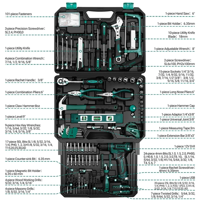 Alt view image 3 of 6 - Tool Set: Tool Kit with 12V Cordless Drill, Hand Toolbox with storage case, Mechanic Tool set for Home Repairs, Green
