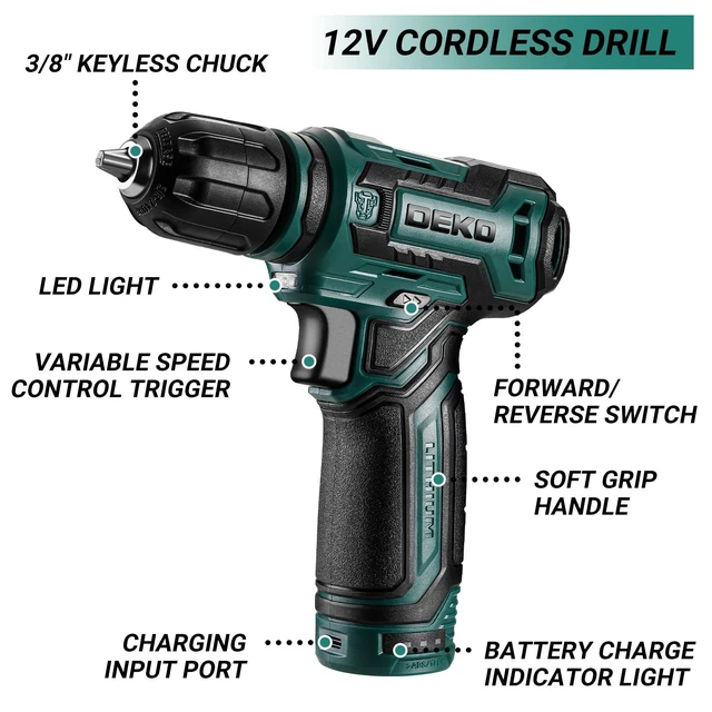 Alt view image 5 of 6 - Tool Set: Tool Kit with 12V Cordless Drill, Hand Toolbox with storage case, Mechanic Tool set for Home Repairs, Green