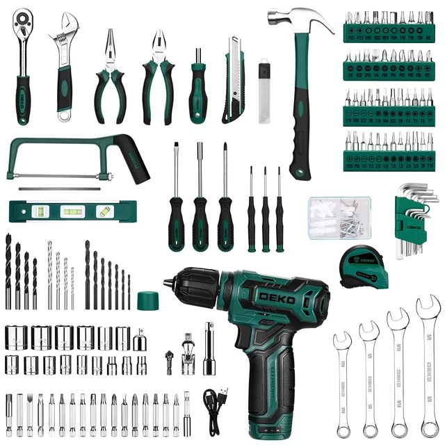 Alt view image 4 of 6 - Tool Set: Tool Kit with 12V Cordless Drill, Hand Toolbox with storage case, Mechanic Tool set for Home Repairs, Green