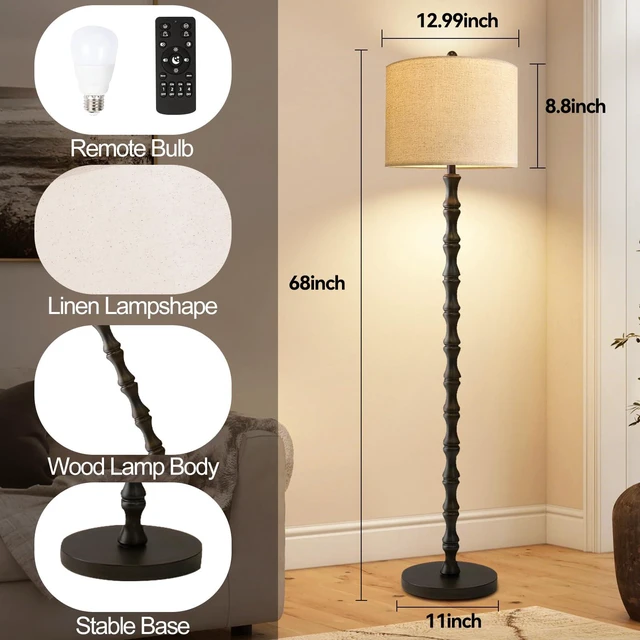 Alt view image 5 of 7 - Wood Floor Lamps for Living Room Rattan Floor Lamp with Remote Control& 3 Color Temperature,Dimmable Rustic Floor Lamp Black Mid Century Modern Standing Lamp Tall Farmhouse Floor Lamp For Bedroom