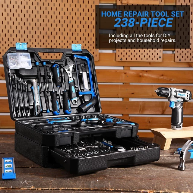 Alt view image 2 of 7 - Tool Set: Tool Kit with 12V Cordless Drill, Hand Toolbox with storage case, Mechanic Tool set for Home Repairs, Blue