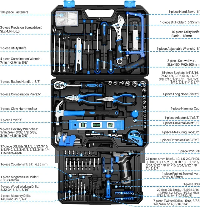Alt view image 3 of 7 - Tool Set: Tool Kit with 12V Cordless Drill, Hand Toolbox with storage case, Mechanic Tool set for Home Repairs, Blue