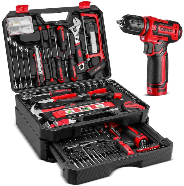 Main image of Drill Tool SetTool Kit with 12V Power Cordless Drill Hand Repair Tools Box with Drill, Home Tool Kits for Men & Women, Hand Drill Set Perfect for Homeowner, Diyer, Handyman - Red