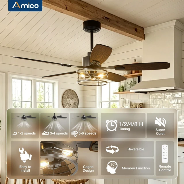 Alt view image 2 of 7 - 52 Inch Farmhouse Ceiling Fans with Lights and Remote, Black Caged E12 Replaceable Bulbs, Downrod Mount, Remote, Quiet Reversible Motor, Timer, Bedroom, Living Room, Covered Outdoor Spaces
