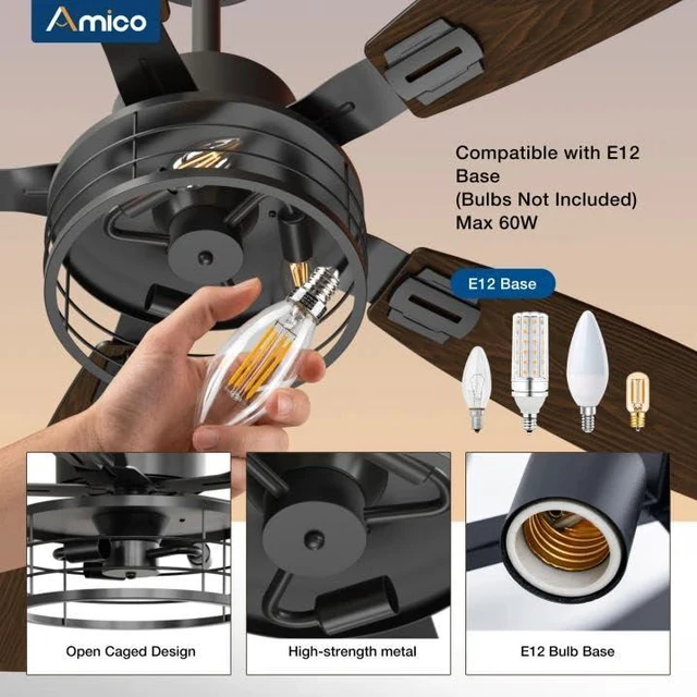 Alt view image 5 of 7 - 52 Inch Farmhouse Ceiling Fans with Lights and Remote, Black Caged E12 Replaceable Bulbs, Downrod Mount, Remote, Quiet Reversible Motor, Timer, Bedroom, Living Room, Covered Outdoor Spaces