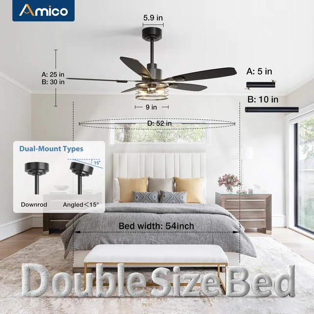 Alt view image 4 of 7 - 52 Inch Farmhouse Ceiling Fans with Lights and Remote, Black Caged E12 Replaceable Bulbs, Downrod Mount, Remote, Quiet Reversible Motor, Timer, Bedroom, Living Room, Covered Outdoor Spaces