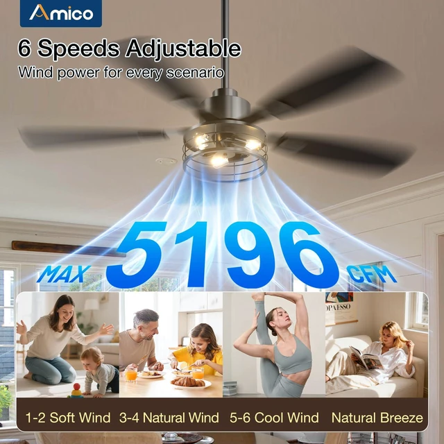 Alt view image 3 of 7 - 52 Inch Farmhouse Ceiling Fans with Lights and Remote, Black Caged E12 Replaceable Bulbs, Downrod Mount, Remote, Quiet Reversible Motor, Timer, Bedroom, Living Room, Covered Outdoor Spaces