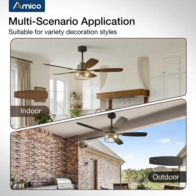 Alt view image 6 of 7 - 52 Inch Farmhouse Ceiling Fans with Lights and Remote, Black Caged E12 Replaceable Bulbs, Downrod Mount, Remote, Quiet Reversible Motor, Timer, Bedroom, Living Room, Covered Outdoor Spaces