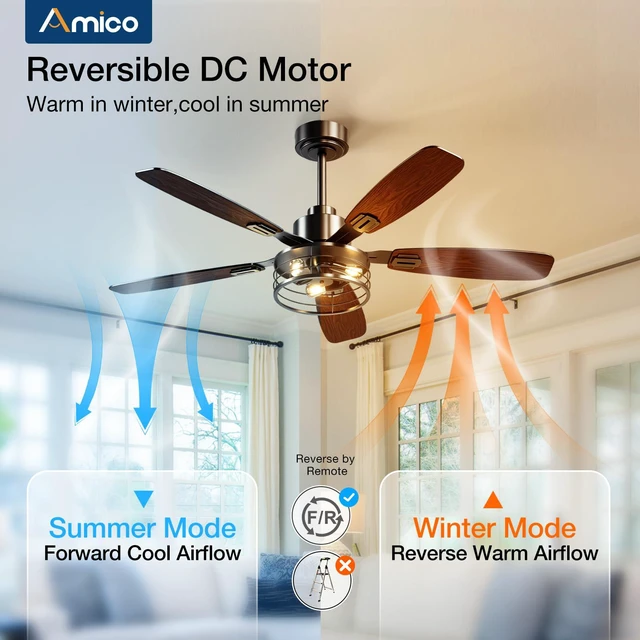 Alt view image 7 of 7 - 52 Inch Farmhouse Ceiling Fans with Lights and Remote, Black Caged E12 Replaceable Bulbs, Downrod Mount, Remote, Quiet Reversible Motor, Timer, Bedroom, Living Room, Covered Outdoor Spaces
