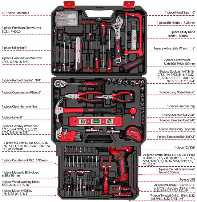 Alt view image 2 of 6 - Drill Tool SetTool Kit with 12V Power Cordless Drill Hand Repair Tools Box with Drill, Home Tool Kits for Men & Women, Hand Drill Set Perfect for Homeowner, Diyer, Handyman - Red
