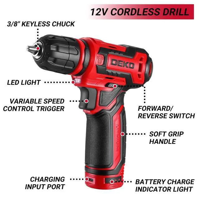 Alt view image 4 of 6 - Drill Tool SetTool Kit with 12V Power Cordless Drill Hand Repair Tools Box with Drill, Home Tool Kits for Men & Women, Hand Drill Set Perfect for Homeowner, Diyer, Handyman - Red
