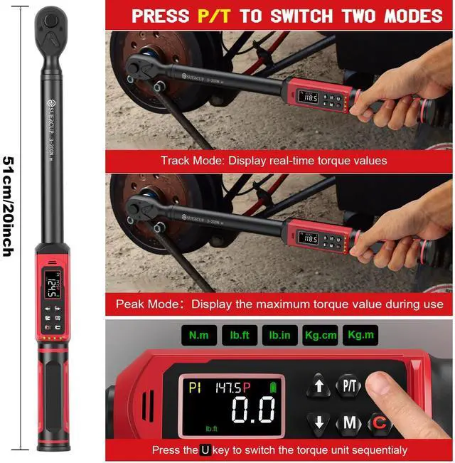 Alt view image 3 of 7 - 1/2" Digital Torque Wrench, 2.2-147.5Ft.Lb/3-200N.m, ±1% Accuracy Electronic Torque Wrench, Vibration, Buzzer, LED Flash,9 Presets & 5 Units for Engine/Suspension, Lug Nut, Car & Moto Repair