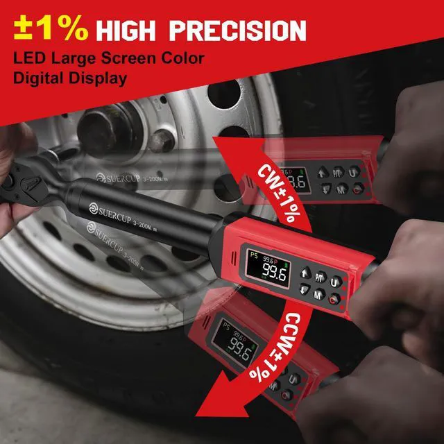 Alt view image 5 of 7 - 1/2" Digital Torque Wrench, 2.2-147.5Ft.Lb/3-200N.m, ±1% Accuracy Electronic Torque Wrench, Vibration, Buzzer, LED Flash,9 Presets & 5 Units for Engine/Suspension, Lug Nut, Car & Moto Repair