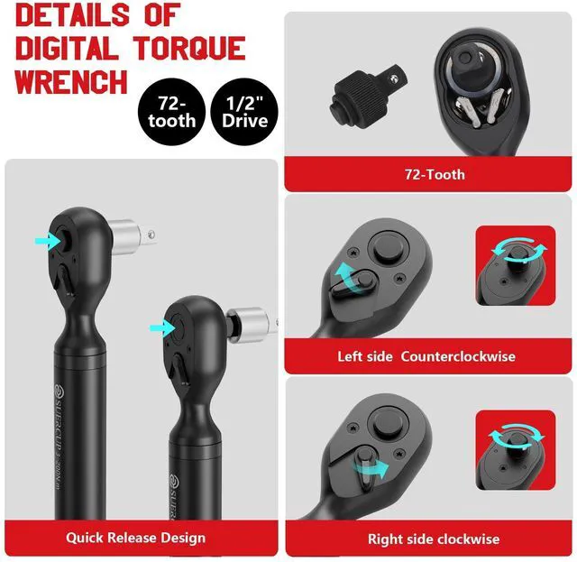 Alt view image 4 of 7 - 1/2" Digital Torque Wrench, 2.2-147.5Ft.Lb/3-200N.m, ±1% Accuracy Electronic Torque Wrench, Vibration, Buzzer, LED Flash,9 Presets & 5 Units for Engine/Suspension, Lug Nut, Car & Moto Repair