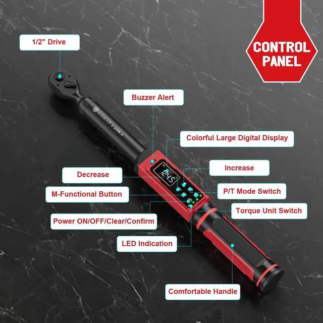 Alt view image 7 of 7 - 1/2" Digital Torque Wrench, 2.2-147.5Ft.Lb/3-200N.m, ±1% Accuracy Electronic Torque Wrench, Vibration, Buzzer, LED Flash,9 Presets & 5 Units for Engine/Suspension, Lug Nut, Car & Moto Repair