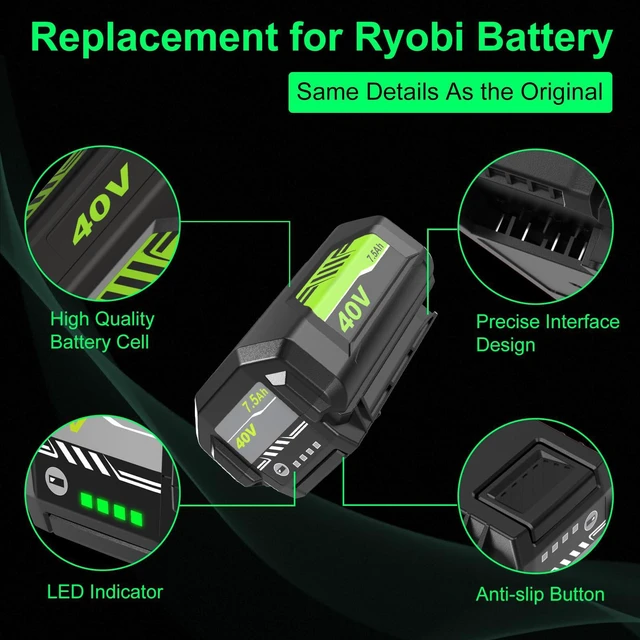 Alt view image 4 of 7 - 2-Pack 7500mAh Ultra High Capacity Replacement for Ryobi 40 Volt Battery Compatible with Ryobi 40V Battery OP4075A OP40401 OP4026 OP40261 OP4050 OP40601 OP4030 Cordless Power Tool