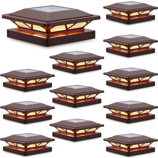 Main image of Solar Post Cap Lights Outdoor 2 Modes 12 Pack Brown, (Warm/White) For 3.5x3.5, 4x4, 4.5x4.5 & 5x5 Wood or Vinyl Posts, Solar Powered Waterproof Lighting for Fence, Deck, Patio, Garden Decor