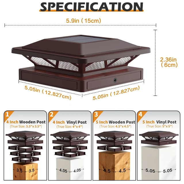 Alt view image 3 of 6 - Solar Post Cap Lights Outdoor 2 Modes 6 Pack Brown, (Warm/White) For 3.5x3.5, 4x4, 4.5x4.5 & 5x5 Wood or Vinyl Posts, Solar Powered Waterproof Lighting for Fence, Deck, Patio, Garden Decor