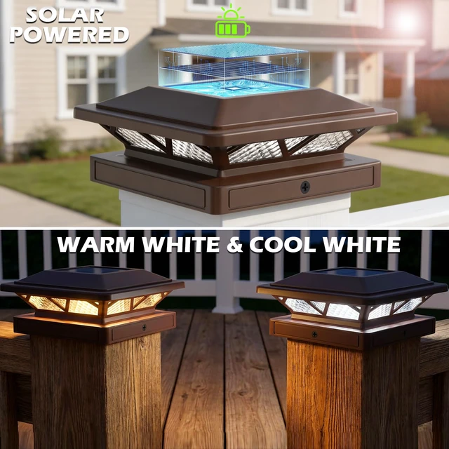 Alt view image 2 of 6 - Solar Post Cap Lights Outdoor 2 Modes 6 Pack Brown, (Warm/White) For 3.5x3.5, 4x4, 4.5x4.5 & 5x5 Wood or Vinyl Posts, Solar Powered Waterproof Lighting for Fence, Deck, Patio, Garden Decor