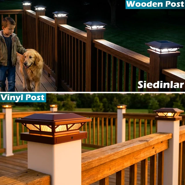 Alt view image 4 of 6 - Solar Post Cap Lights Outdoor 2 Modes 6 Pack Brown, (Warm/White) For 3.5x3.5, 4x4, 4.5x4.5 & 5x5 Wood or Vinyl Posts, Solar Powered Waterproof Lighting for Fence, Deck, Patio, Garden Decor