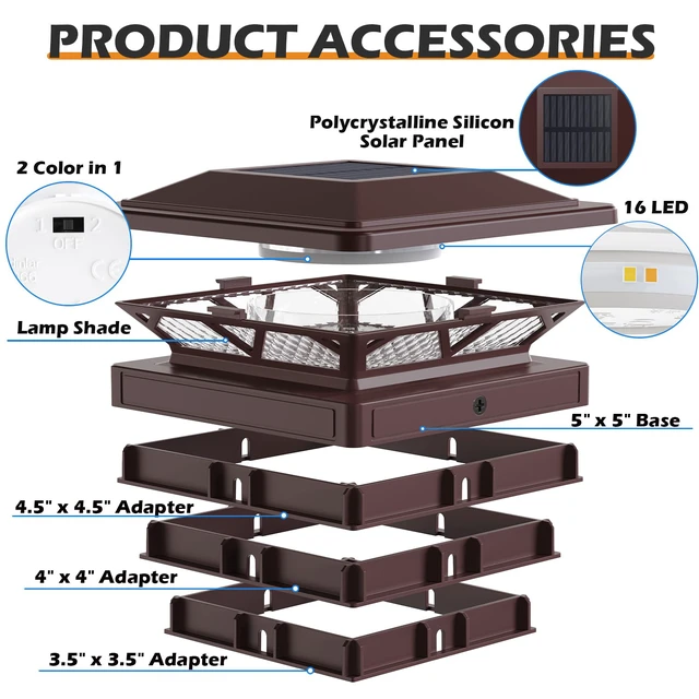 Alt view image 5 of 6 - Solar Post Cap Lights Outdoor 2 Modes 6 Pack Brown, (Warm/White) For 3.5x3.5, 4x4, 4.5x4.5 & 5x5 Wood or Vinyl Posts, Solar Powered Waterproof Lighting for Fence, Deck, Patio, Garden Decor