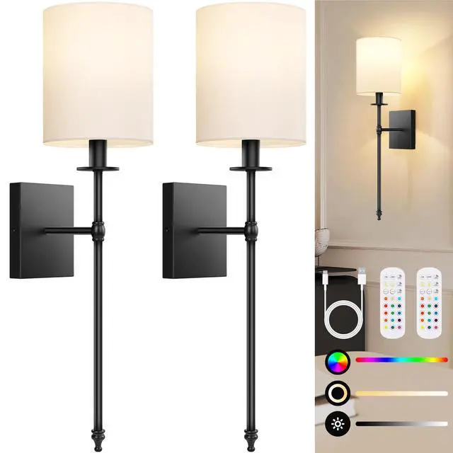 Main image of 27 Inch Black Battery Operated Wall Sconces Set of 2, Rechargeable Wireless Wall Lights with Remote & White Fabric Shade, Indoor Not Hardwired Dimmable Wall Lamps for Hallway, 2 Bulbs Included