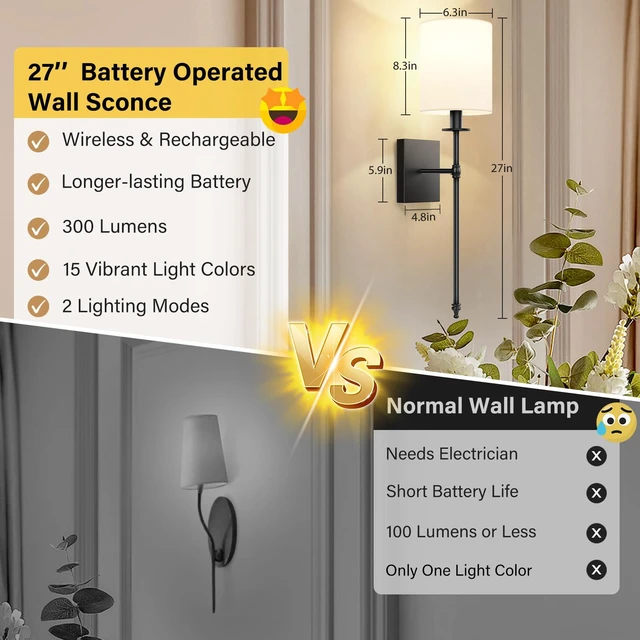 Alt view image 2 of 7 - 27 Inch Black Battery Operated Wall Sconces Set of 2, Rechargeable Wireless Wall Lights with Remote & White Fabric Shade, Indoor Not Hardwired Dimmable Wall Lamps for Hallway, 2 Bulbs Included