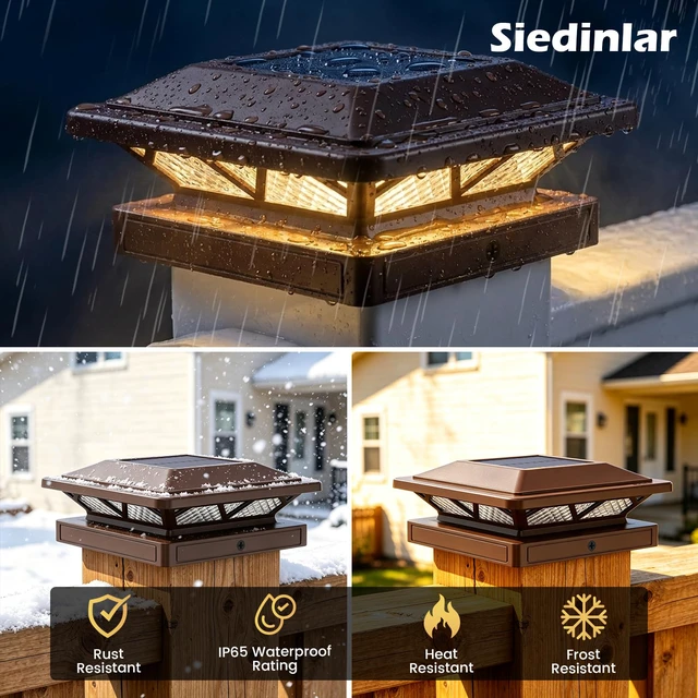 Alt view image 6 of 6 - Solar Post Cap Lights Outdoor 2 Modes 6 Pack Brown, (Warm/White) For 3.5x3.5, 4x4, 4.5x4.5 & 5x5 Wood or Vinyl Posts, Solar Powered Waterproof Lighting for Fence, Deck, Patio, Garden Decor