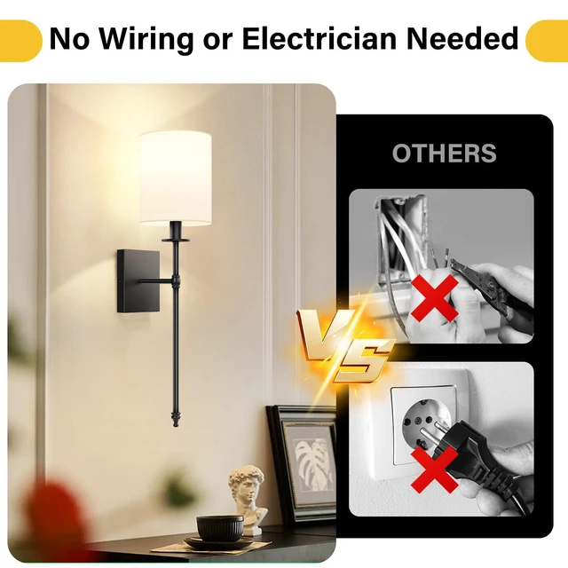 Alt view image 3 of 7 - 27 Inch Black Battery Operated Wall Sconces Set of 2, Rechargeable Wireless Wall Lights with Remote & White Fabric Shade, Indoor Not Hardwired Dimmable Wall Lamps for Hallway, 2 Bulbs Included